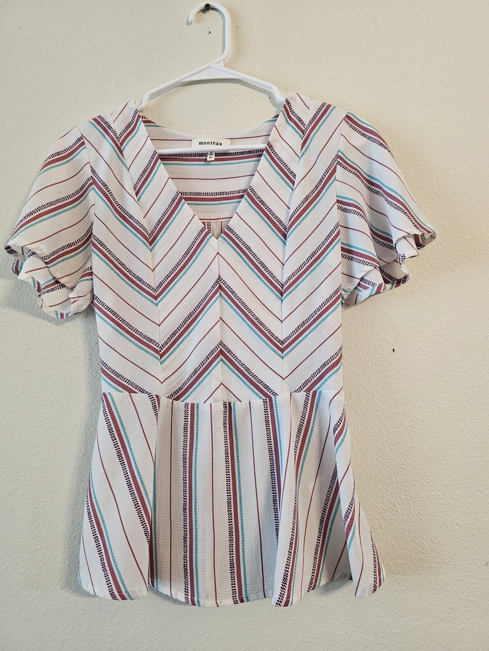 Montreau Striped V-Neck Peplum Top - White with Burgundy & Teal Stripes